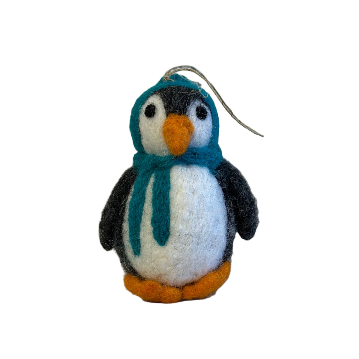 Felted penguin keychain on a textured gray background